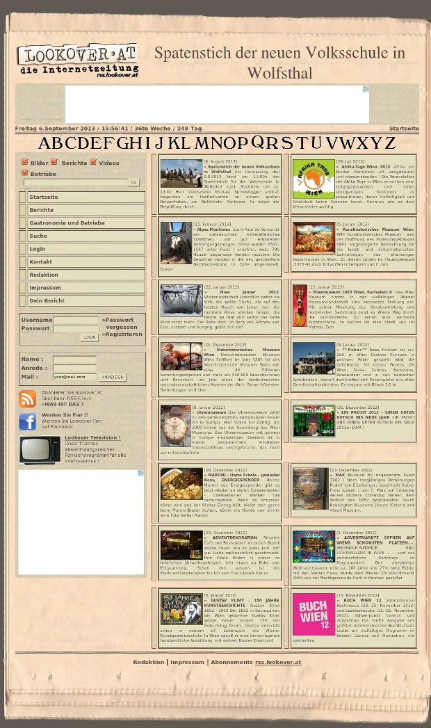Lookover-Startseite mit Schlagzeilen und Artikelübersicht