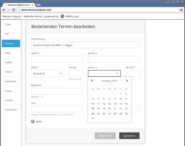 Backend-Formular zum Bearbeiten eines Termins auf der Mensur-Suljovic-Webseite