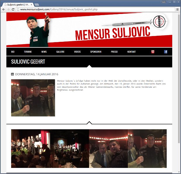 Mensur-Suljovic-Webseite mit Nachrichtenbereich und Fotogalerie