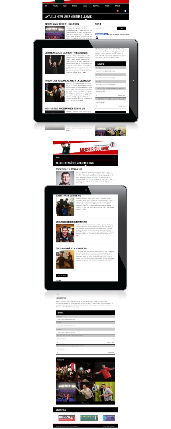 Mensur-Suljovic-Webseite auf Tablets mit Nachrichten und Bildern