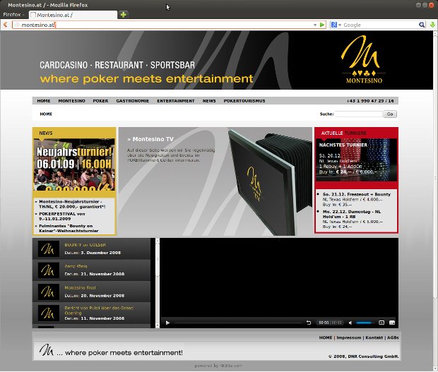 Montesino-TV-Seite mit Videoplayer und Veranstaltungsliste