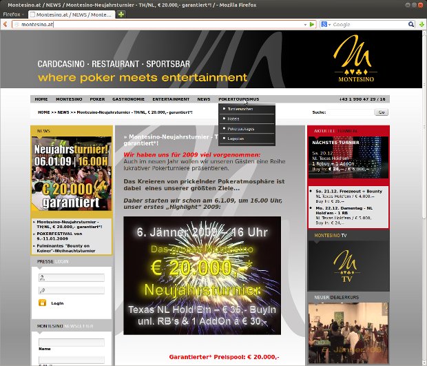 Montesino-Webseite mit Ankündigung eines Neujahrs-Pokerturniers