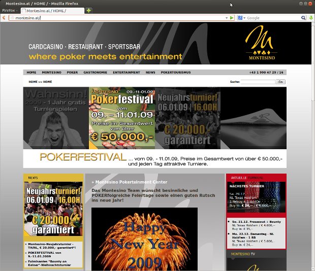 Montesino-Startseite mit Werbung für ein Pokerturnier