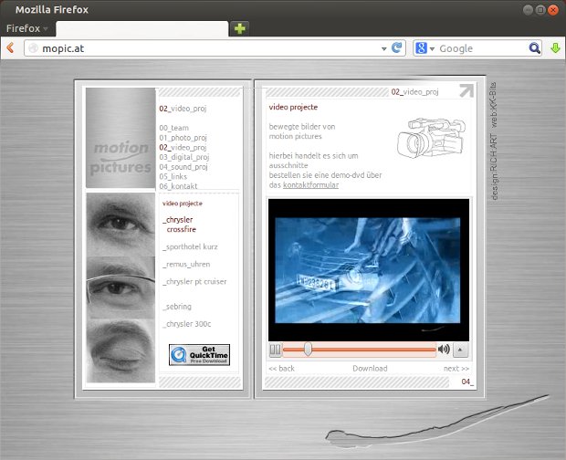 Mopic-Fotografenwebseite mit eingebettetem Videoplayer