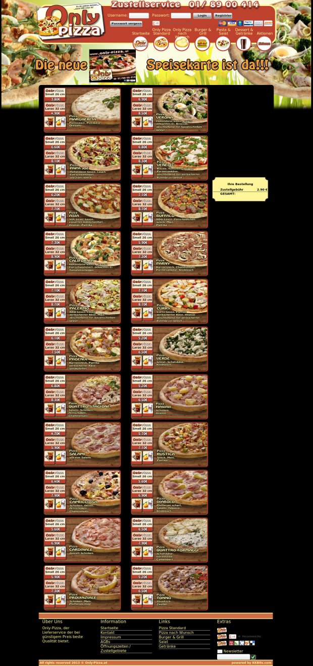 Only-Pizza-Webseite mit langer Speisekarte und Produktfotos