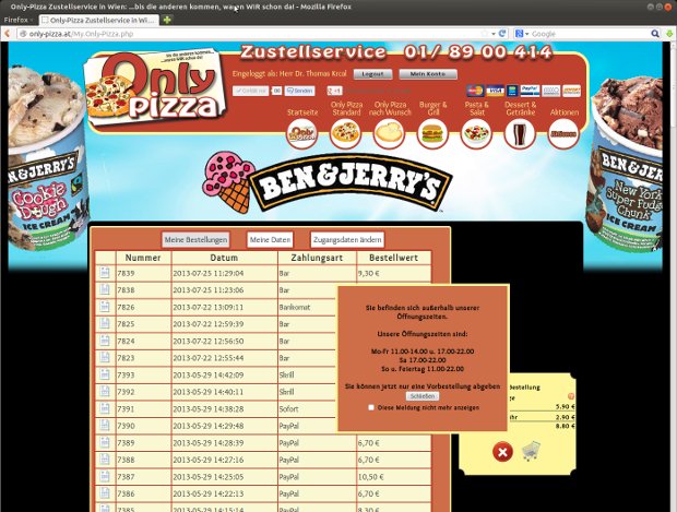 Only-Pizza-Kundenkonto mit Liste früherer Bestellungen