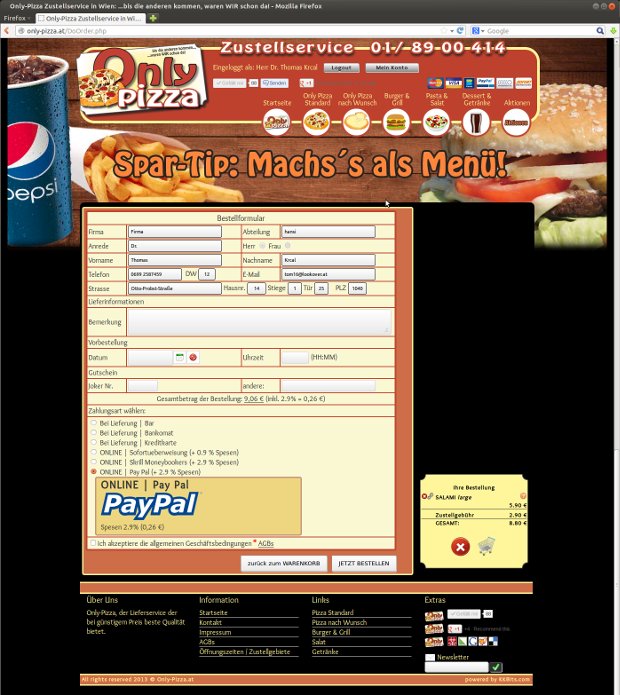 Only-Pizza-Bezahlseite mit Formular und PayPal-Logo
