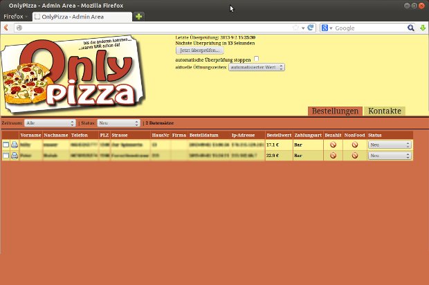 Only-Pizza-Verwaltung mit Liste der Kundenbestellungen