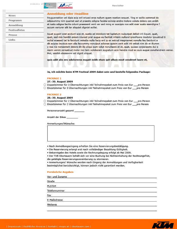 KTM-Orange-Mountain-Anmeldeseite mit Formular und Veranstaltungstext