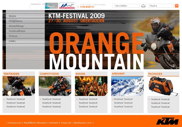 KTM-Orange-Mountain-Webseite mit Motorradfahrer und Festivalprogramm