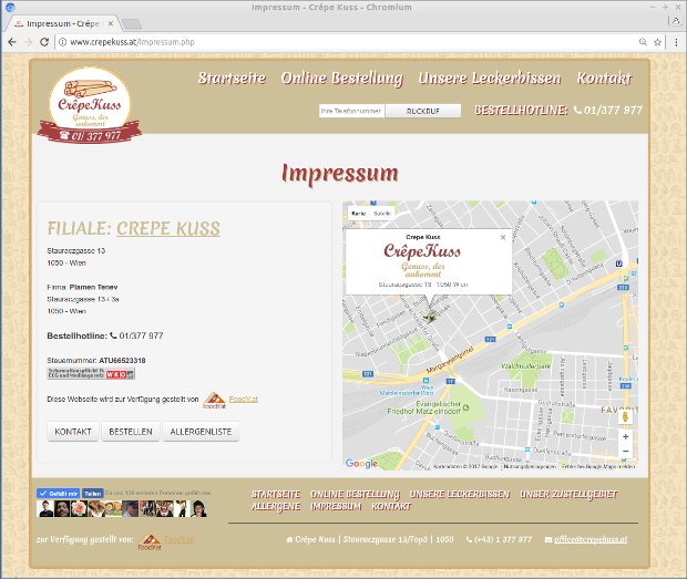 Screenshot des Impressums der Crêpe-Kuss-Webseite mit Standortkarte