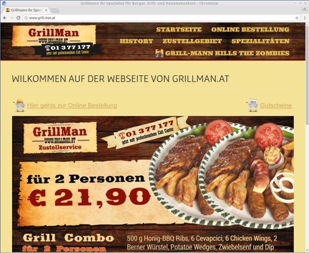 Screenshot der GrillMan-Restaurant-Webseite mit Grillmenü und Online-Bestellung