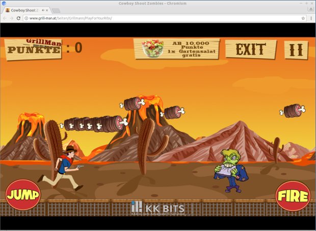 Screenshot des Spiels „Grillmann Kills the Zombies“ mit Cowboy, Zombie und Spielsteuerung