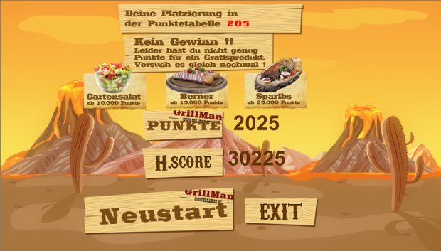 Punktetabelle im Spiel Grillmann Kills the Zombies mit Preisen und Neustart-Schaltfläche