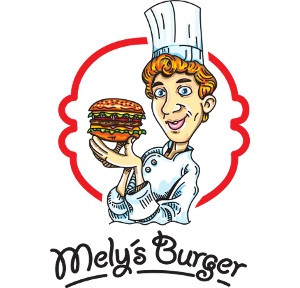 Logo von Mely's Burger mit gezeichnetem Koch und Burger