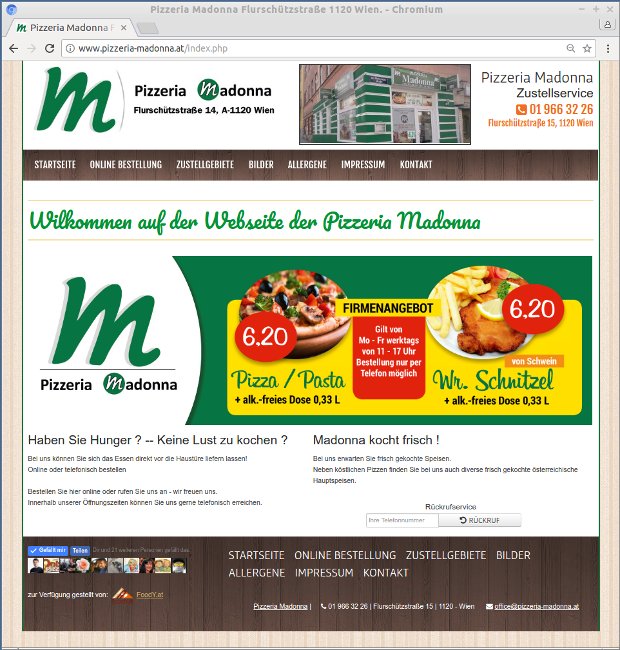 Screenshot der Restaurant-Webseite der Pizzeria Madonna mit Speisenangebot und Online-Bestellung