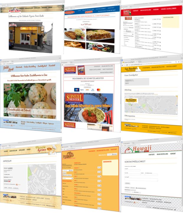 Collage verschiedener Restaurant-Webseiten mit Speisekarten, Bestellseiten und Kontaktansichten