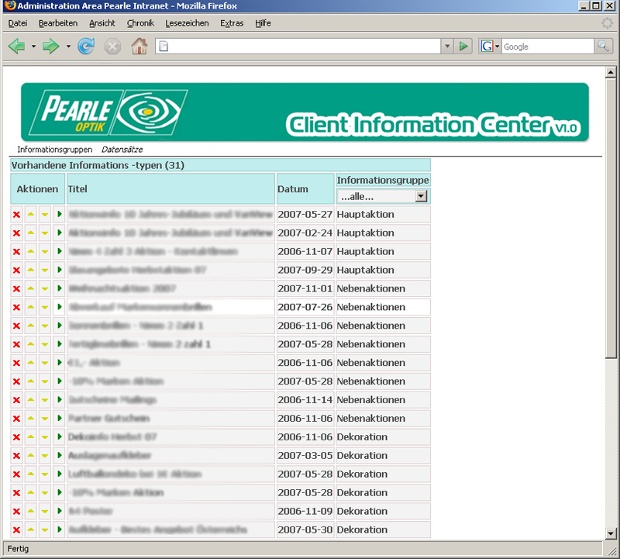 Pearle-Intranet mit Liste von Informationsmeldungen