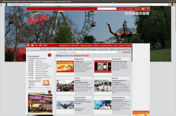 Startseite von prater.at mit Riesenrad und Veranstaltungsübersicht