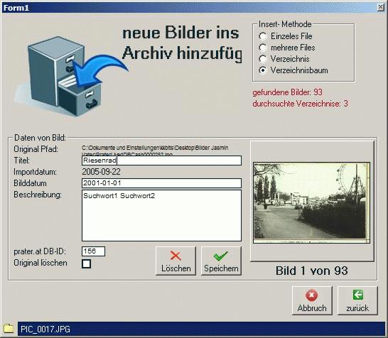 Offline-Bildverwaltung von prater.at mit Formular zum Import eines Bildes