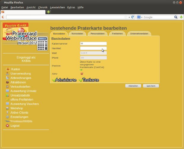 Pratercard-Verwaltung mit Formular zur Bearbeitung einer Kundenkarte