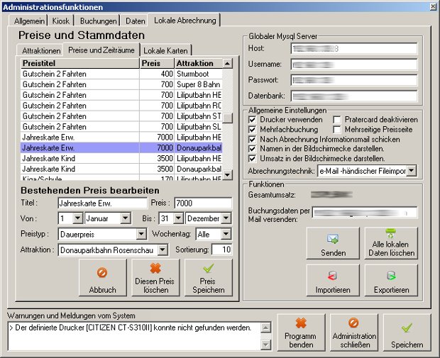 Einstellungen des Pratercard-Kassensystems für Preise und Stammdaten