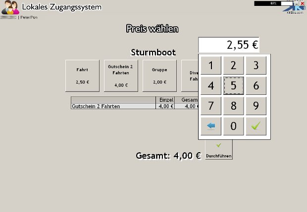 Pratercard-Kassenoberfläche zur Auswahl des Preises für eine Fahrt
