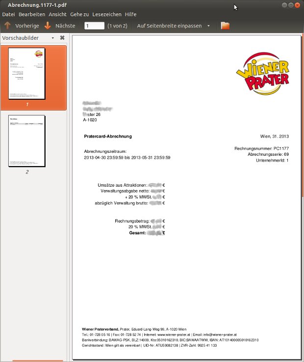 Automatisch erstellte Monatsabrechnung der Pratercard als PDF
