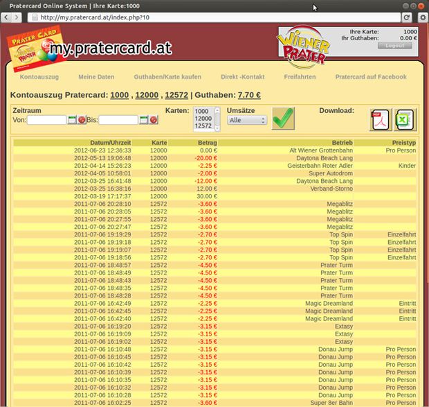 my.pratercard.at-Konto mit Tabelle der Kartentransaktionen