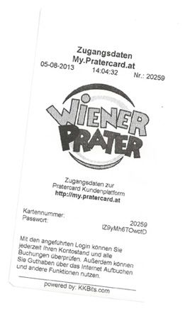 Ausgedruckter Zugangscode für das Pratercard-Kundenkonto