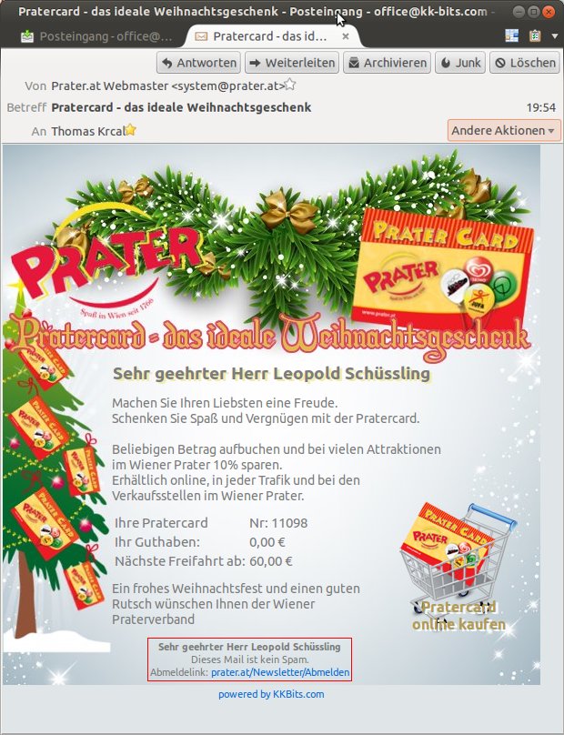 Pratercard-Newsletter mit Weihnachtsmotiv und Gutscheinwerbung