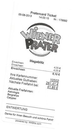 Pratercard-Ticket mit Fahrpreis und Karteninformation