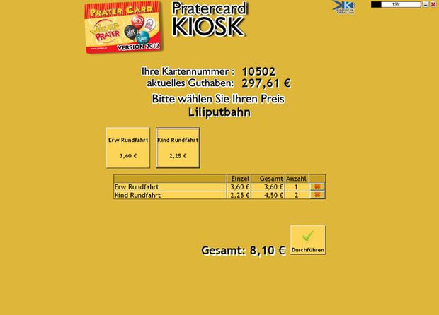 Pratercard-Kioskoberfläche mit Kartenguthaben und Fahrpreisen