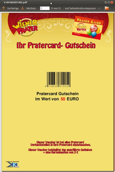 Pratercard-Gutschein mit Barcode und Wertangabe