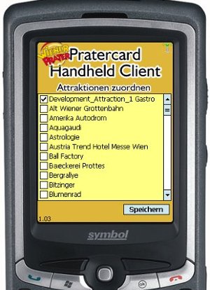 Pratercard-Handheld mit Liste zur Auswahl von Attraktionen