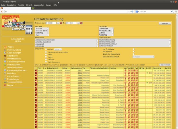 Pratercard-Verwaltung mit Umsatzliste und Filterfunktionen