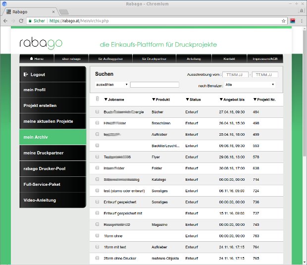 rabago-Projektarchiv mit Tabelle früherer Druckaufträge