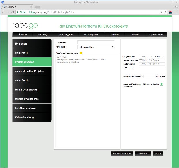 rabago-Formular zum Erstellen eines Druckprojekts mit Auftragsdaten