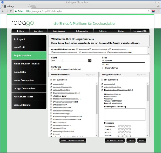 rabago-Formular zur Auswahl von Druckprodukt und Auktionseinstellungen