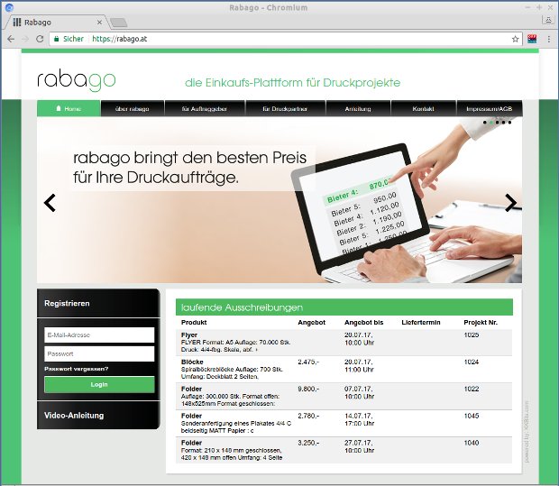 rabago-Startseite mit Registrierung und Liste aktueller Druckaufträge