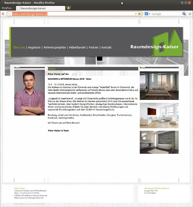 Raumdesign-Kaiser-Startseite mit Porträt und Bildern von Innenräumen