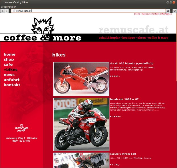 Remus-Café-Webseite mit Bildern von Motorrädern