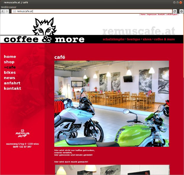 Remus-Café-Webseite mit Foto des Gastraums und Motorrädern
