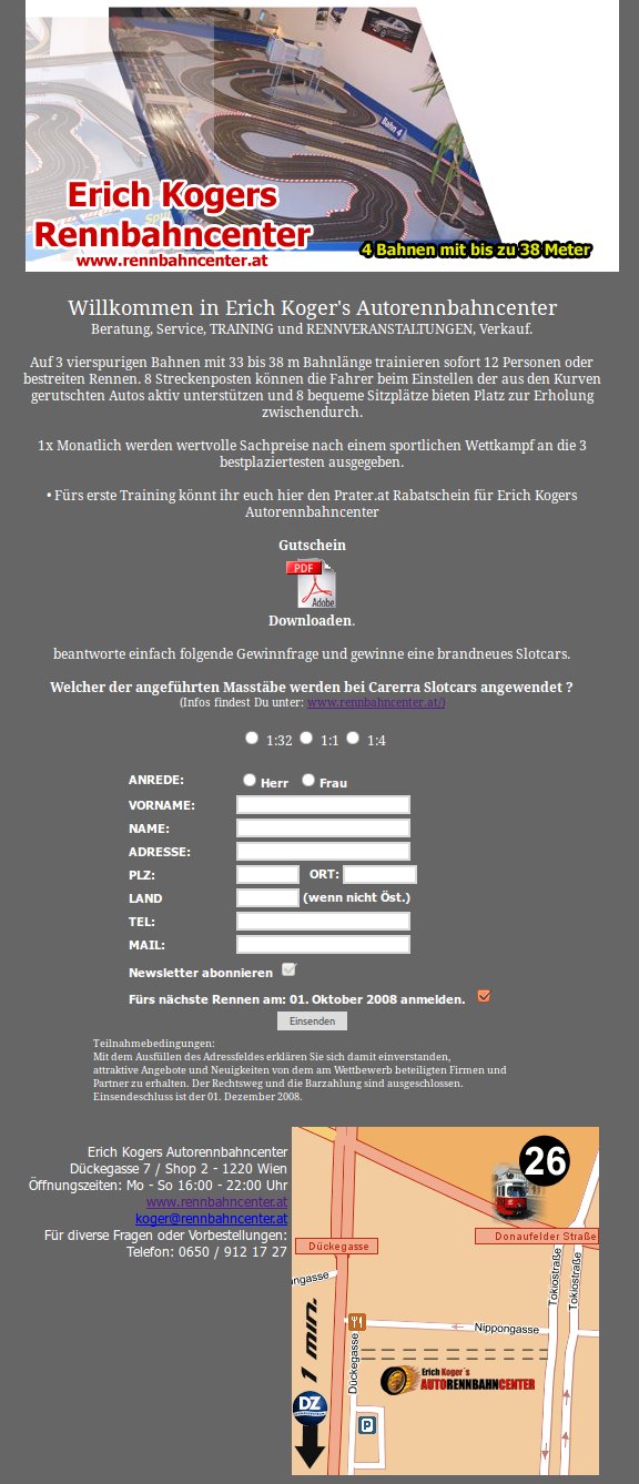 Gewinnspielseite für Erich Kogers Autorennbahncenter mit Teilnahmeformular