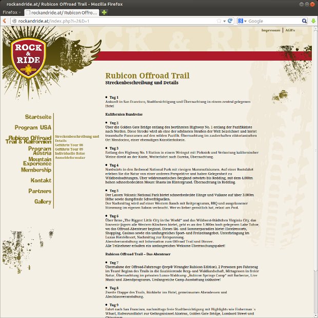 Rock-&-Ride-Webseite mit Informationen zu einer Offroad-Strecke