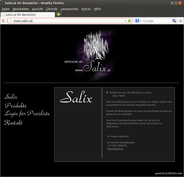 Schwarze Salix-Startseite mit Logo und Informationen zum Bestattungsunternehmen