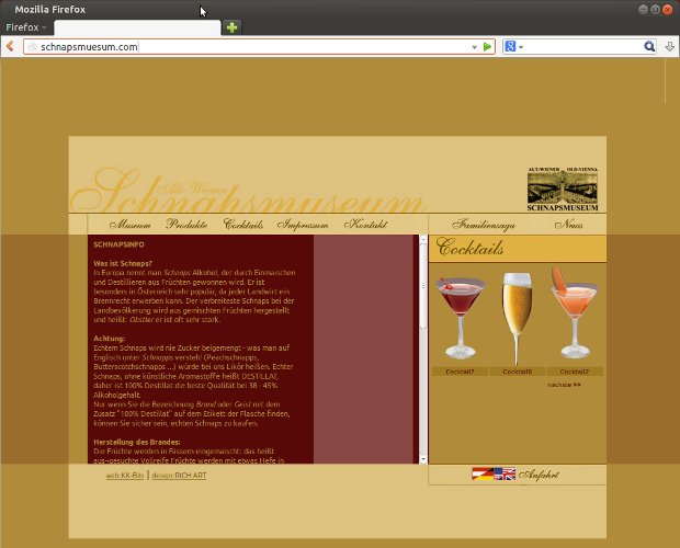 Schnapsmuseum-Webseite mit Fotos verschiedener Cocktails