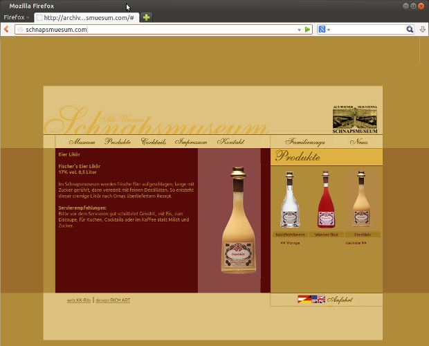 Schnapsmuseum-Webseite mit Fotos verschiedener Spirituosenflaschen