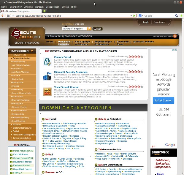 Securebase-Webseite mit Download-Kategorien und Softwareeinträgen