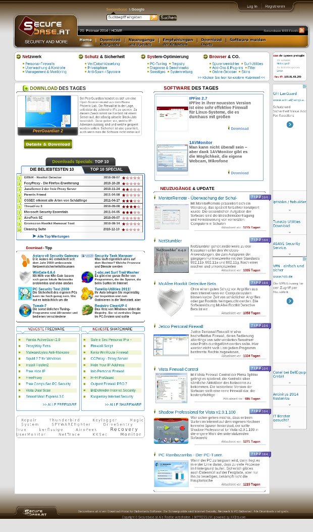 Lange Browseransicht von Securebase mit Softwarekategorien und Downloadlisten